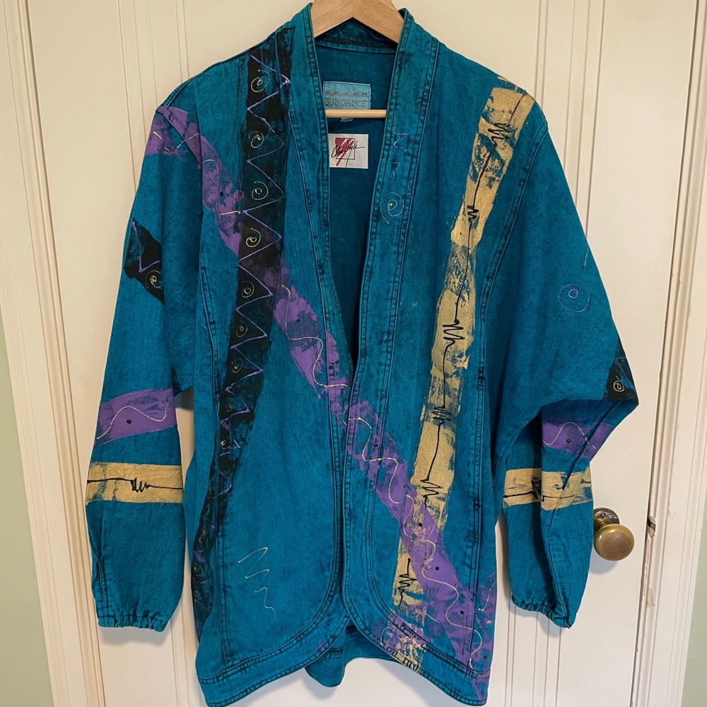 Vintage Sundance Denim 80s Acid Wash Hand Painted Jacket Size‎ Medium